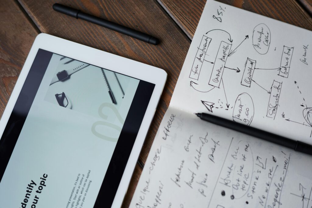 pexels-photo-3183170-3183170 Digital and handwritten brainstorming tools on a wooden desk, ideal for business and study contexts.